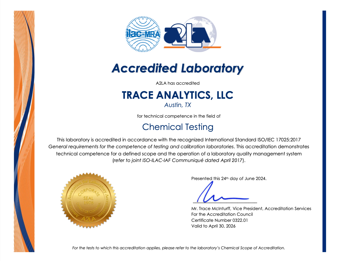 A2LA accreditation certificate ISO 1025 Trace Analytics April 2026 .3